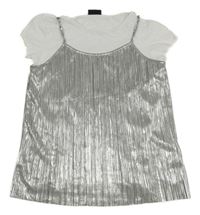 Stříbrný lesklý crop top s všitým tričkem Page one young