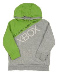 Šedo/melírovano-zelená mikina s X-BOX a kapsou a kapucí 
