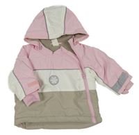 Růžovo-bílo-béžová šusťáková zateplená bunda s vločkou a kapucí H&M