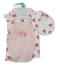 Nové - 3set - Bílý kraťasový overal + světlerůžové body + bryndák s jahůdkami Primark