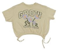 Béžové crop tričko s nápisem a kytičkami H&M