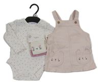 Nové - 3 set - světlerůžové riflové laclové šaty s kočkami + bílé žebrované puntíkaté body + punčocháče F&F