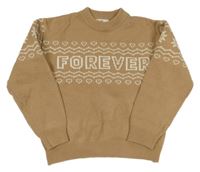 Světlehnědý pletený crop svetr s nápisem a vzorem a srdíčky H&M