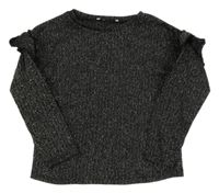Černo-stříbrné žebrované úpletové třpytivé triko s volánky Primark