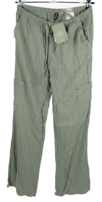 Nové - Dámské světlekhaki lněné volné kalhoty s kapsami H&M