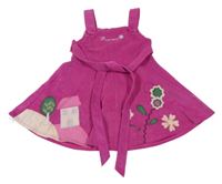 Fuchsiové manšestrové šaty s obrázky a páskem 