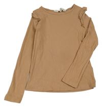 Hnědé žebrované triko s volánky H&M
