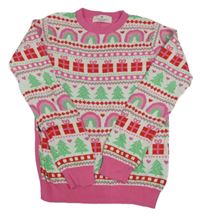 Růžovo-bílý lehký svetr s dárky a stromky H&M