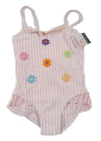 Nové - Světlerůžovo-bílé pruhované jednodílné plavky s kytičkami Primark