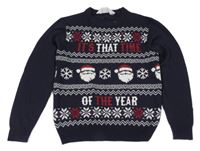 Tmavomodro-bílý vzorovaný svetr se vzorem a Santou H&M