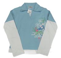 Nové - Světlemodro-bílé polo triko s květinami 