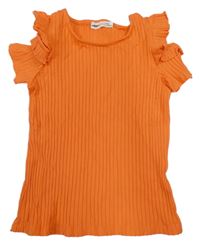 Oranžové žebrované crop tričko s volánky a volnými rameny KOTON KIDS