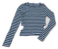 Tmavomodro-světlemodré pruhované crop triko s průstřihy Only