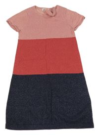 Starorůžovo-jahodovo-tmavomodré melírované svetrové šaty s mašlí a třpytkami H&M