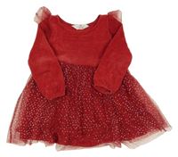Červené žinylkovo/tylové šaty s puntíky a volánky H&M