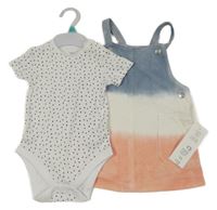 Nové - 2 set - modro-bílo-lososové riflové laclové šaty + bílé vzorované body F&F