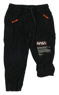 Černé plátěné podšité cuff kalhoty s nápisy - NASA