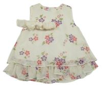 Nové - 2Set - Smetanové šifonové šaty s kytičkami + čelenka s mašlí Pretty Princess