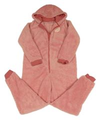 Růžová chlupatá kombinéza s nášivkou a kapucí Pepperts
