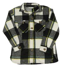 Černo-bílo-citronovo-tmavozelená kostkovaná vlněná košilová bunda H&M
