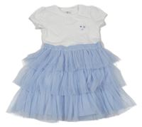 Bílo-světlemodré bavlněno/tylové šaty s kapsou s květinami Topolino