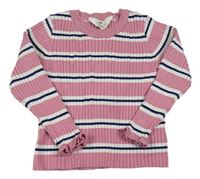 Růžovo-bílo-tmavomodrý pruhovaný žebrovaný svetr H&M