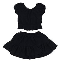 2Set - tmavomodrá mačkaná sukně + crop tričko H&M
