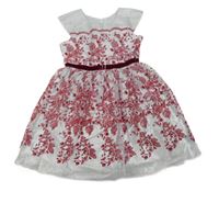 Stříbrno-červené třpytivé tylové šaty s květy 