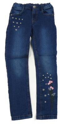 Tmavomodré skinny rifle s výšivkami květů Kids