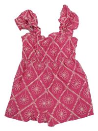 Tmavorůžový kraťasový overal s vyšitými květy Primark