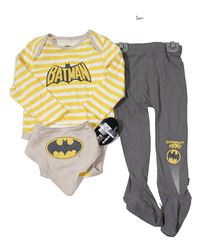 Nové - 3set - Žluto-bílé pruhované body s Batmanem + tmavošedé polodupky + béžový slinták Primark