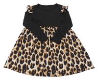 Černo-bílo-hnědé žebrované šaty s leopardím vzorem 