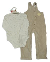 Nové - 2Set - Béžové žebrované sametové laclové kalhoty + bílo/béžové vzorované body Maybe Baby