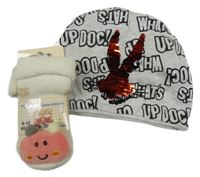 2set - Smetanové ponožky s medvídkem - nové+ šedá čepice s nápisy a flitry 