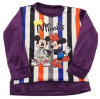 Fialovo-barevná pruhovaná plyšová pyžamová mikina s Minnie a Mickeym