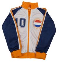 Bílo-tmavomodro-oranžová sportovní propínací mikina s číslem 