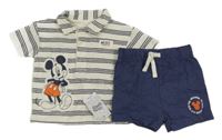 Nové - 2set - Bílo-tmavomodrá pruhovaná polo košile s Mickeym + tmavomodré kraťasy George 