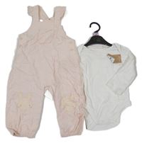 Nové - 2set - Smetanové perforované body + světlerůžové puntíkaté manšestrové laclové kalhoty s králíky Mothercare