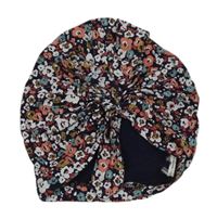 Tmavomodro-kytičkovaná turbanová čepice