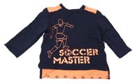 Tmavomodro-křiklavě oranžové mikinotriko s fotbalistou a míči a kopačkami Topolino
