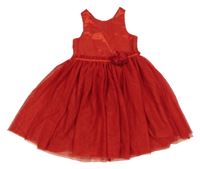 Červené šusťákovo/tylové šaty s 3D květinou H&M