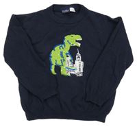 Tmavomodrý svetr s dinosaurem z flitrů lupilu