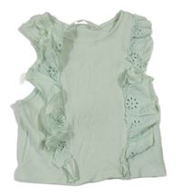 Mátový žebrovaný crop top s volánky s madeirou H&M