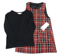 Nové - 2Set - Červeno-černo-bílé kostkované teplé šaty + černé žebrované triko F&F