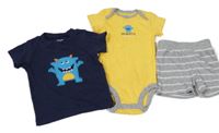 Nové - 3set - Žluté body + pruhované teplákové kraťasy + tmavomodré tričko s příšerkou Carter´s 