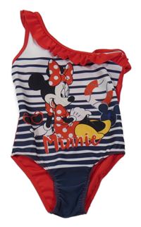 Modro-bílo-červené pruhované jednodílné plavky s Minnie Disney