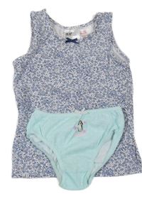 2Set - Bílá kytičkovaná košilka H&M + pomněnkové puntíkaté kalhotky s pejskem PRIMARK