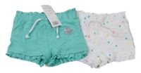 Nové - 2x - Melírované papepr bag kraťasy s volánky - Zelenomodré, bílé puntíkaté F&F