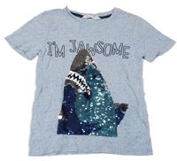 Světlemodré melírované tričko se žralokem z flitrů H&M
