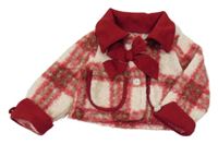 Bílo-hěndo-červená kostkovaná flaušová crop bunda s mašlí a límečkem 